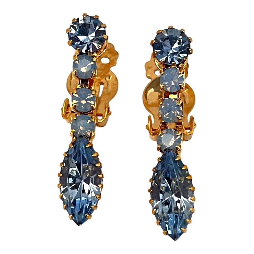 Vintage 1960s Rhinestone Clip Earrings Navette Crystal Gold Tone MCM - 5M